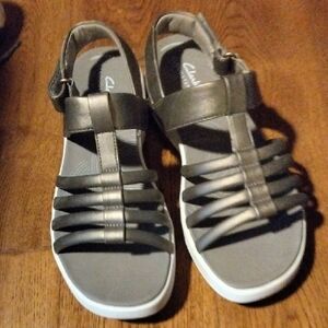 Clarks Metallic Gray Strappy Sandals